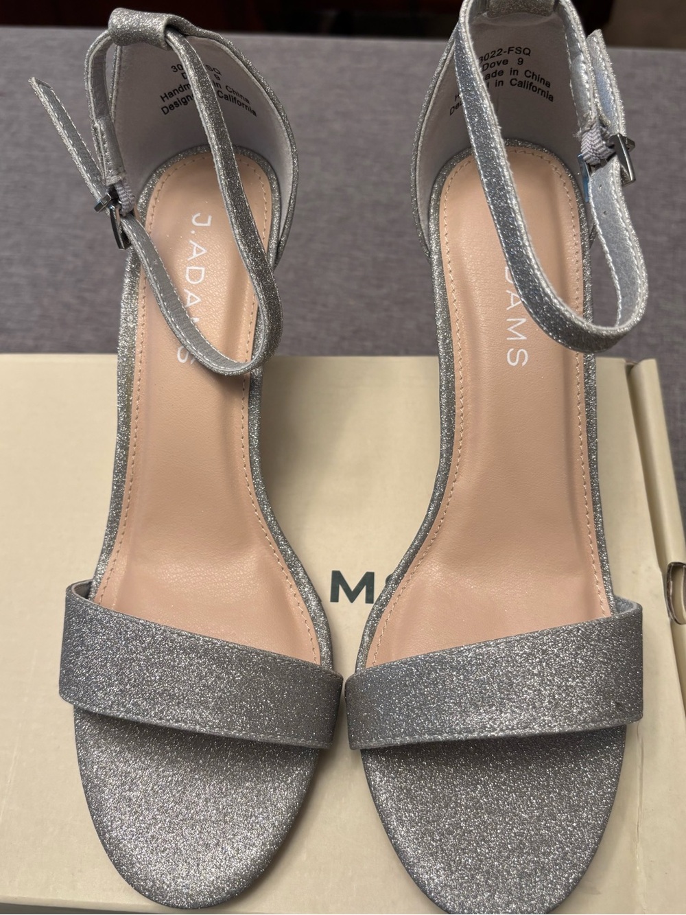 J. Adams Silver Glitter Ankle-Strap Heels
Size 9